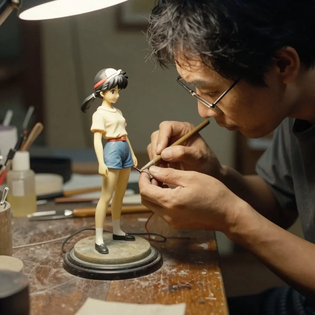 Artisan japonais réalisant une figurine en résine dans les années 1980