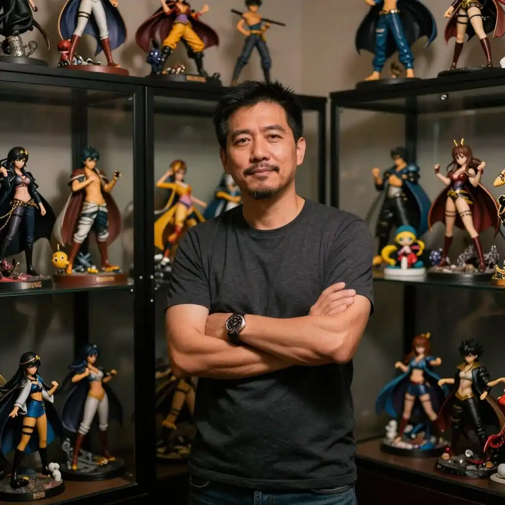 Collectionneur présentant sa collection de figurines en résine