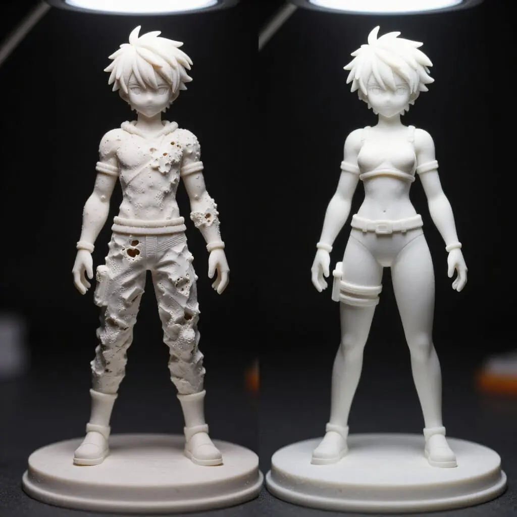 Comparaison entre deux moulages de figurines en résine de qualité différente