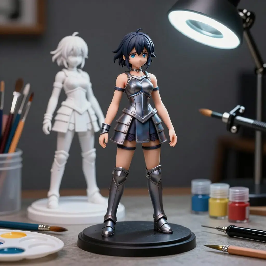Atelier de peinture de figurines en résine avec une figurine avant et après peinture